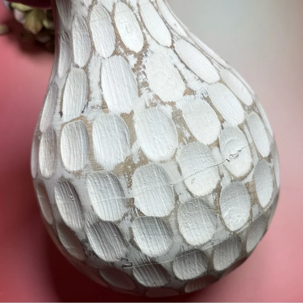 Pier One carved wood white wash divot vase